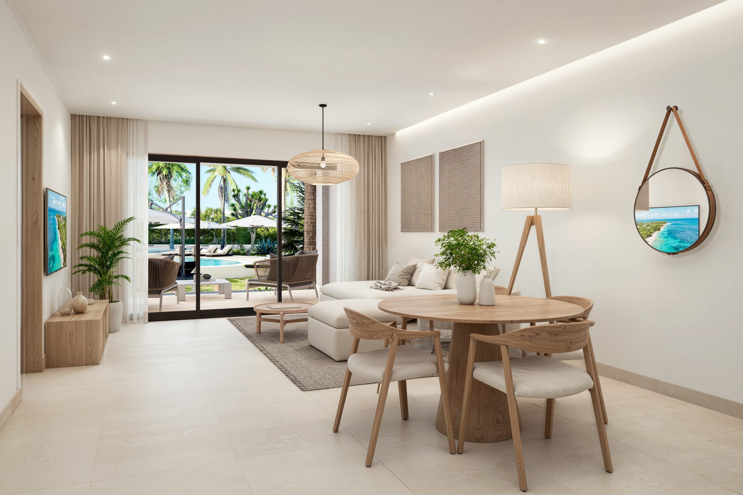The Reef living room pool view