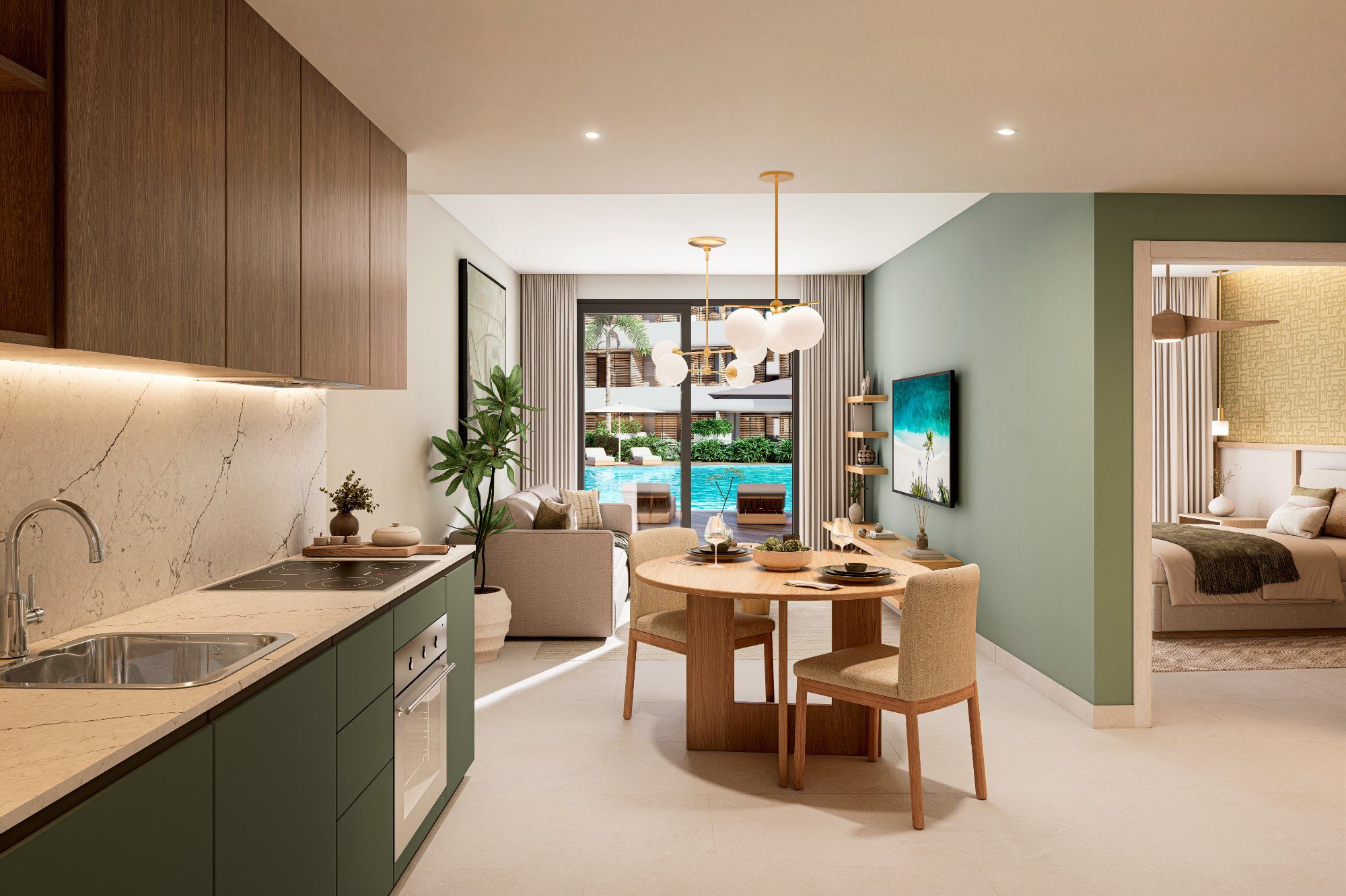 Kitchen and dining pool view
